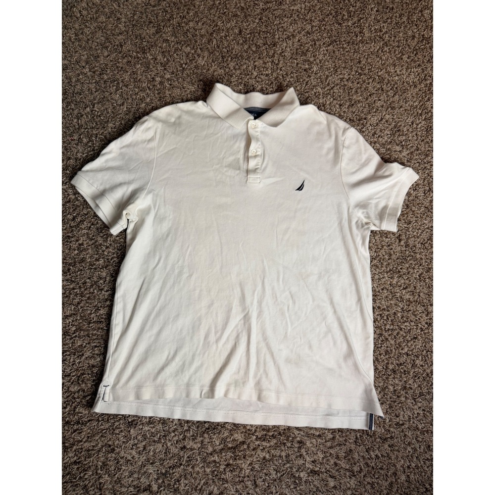 Nautica Mens XL White Short Sleeve Polo Shirt Navy Blue Logo Cotton Blend